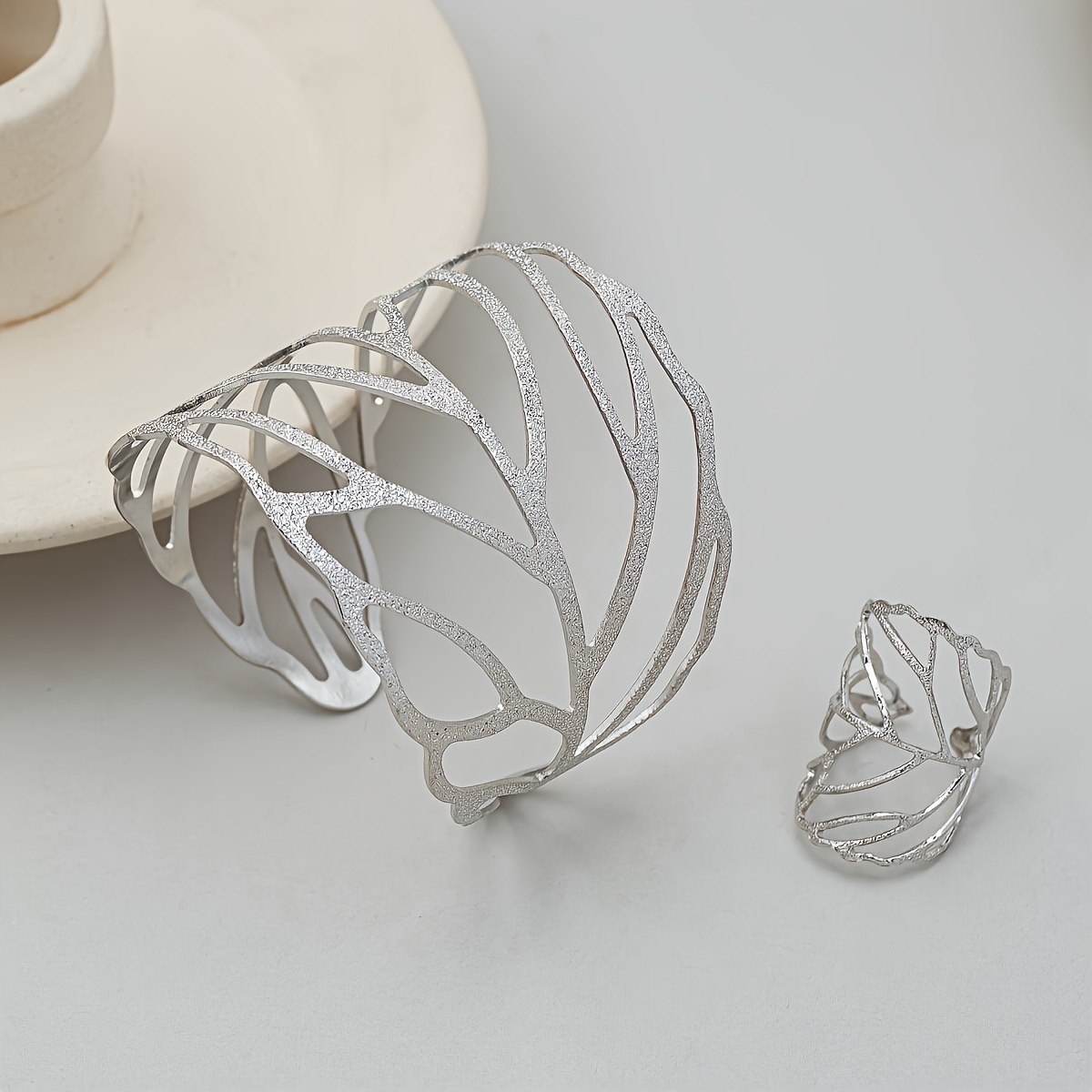 Vintage Leaf Jewelry Set: Cuff Bracelet & Ring Combo